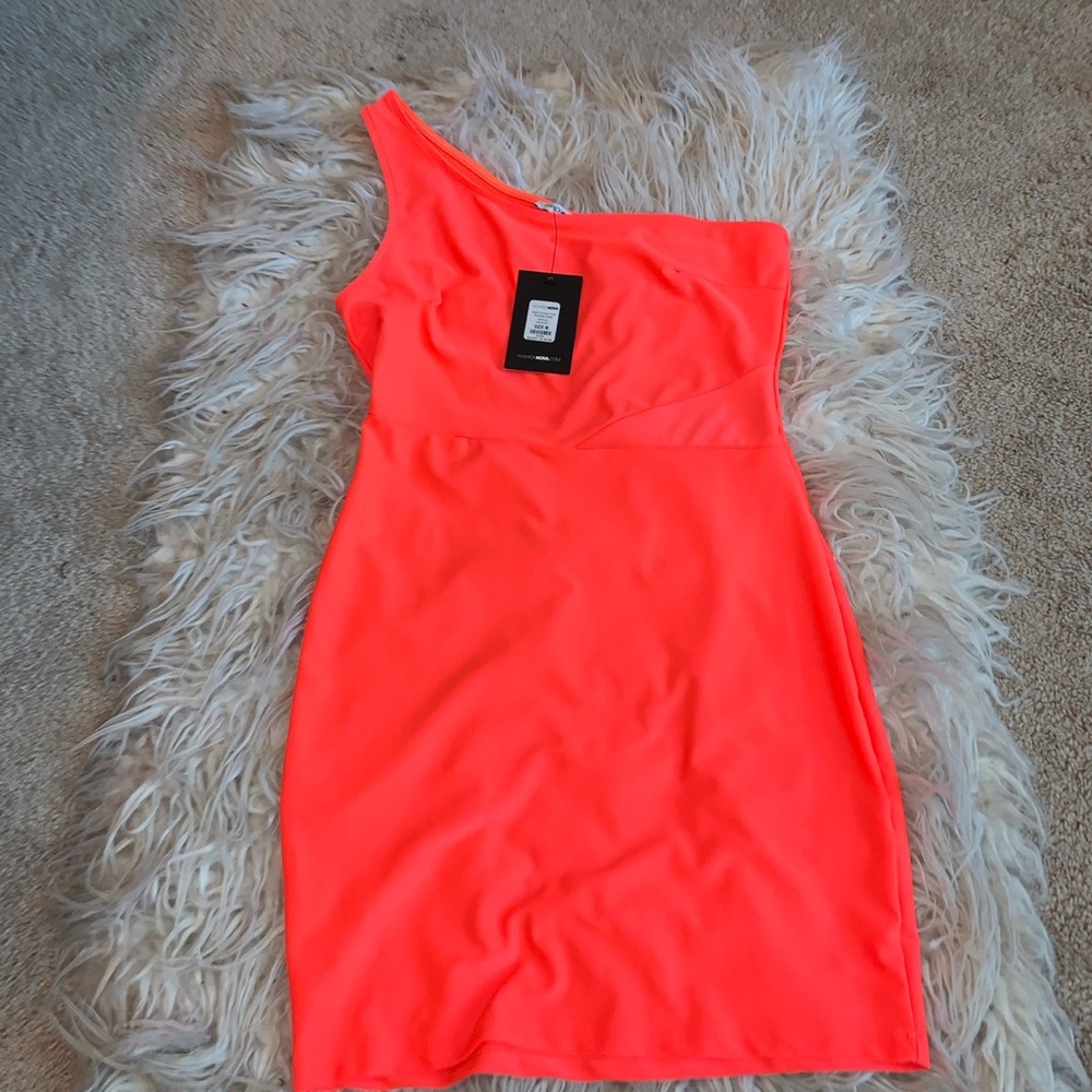 Fashion Nova coral/orange neon one shoulder dress